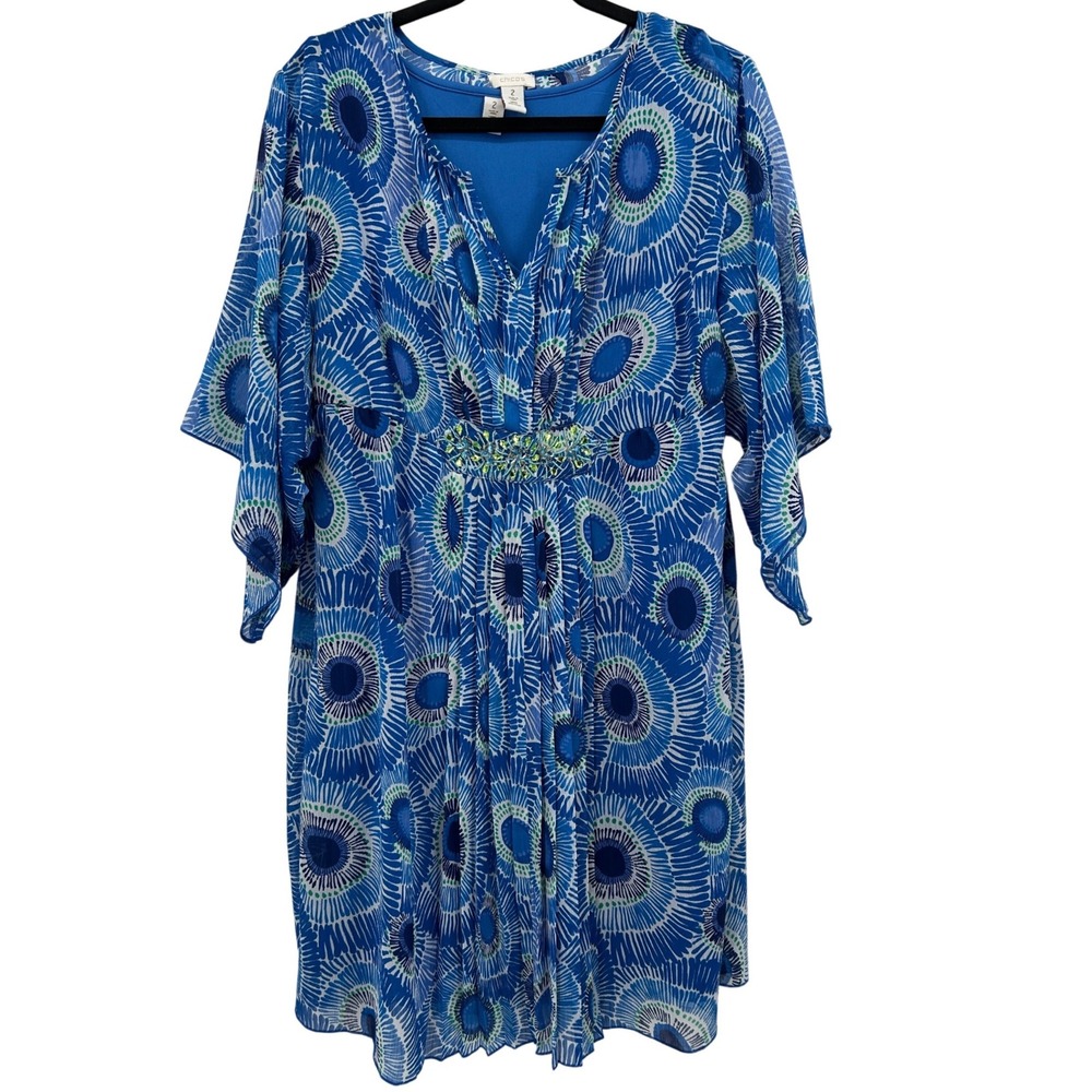 Chicos Blue Print Rhinestone Embellished V-Neck Sheer Overlay Dress Size 2 Large